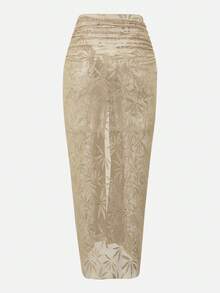 Swim Oasis 2026 SUMMER NEW  Women's Textured Fabric Metallic Hollow-Out 2 Pieces Set 2pcs/Set Summer Vacation Sexy Underwire Backless Spaghetti Strap Women One-Piece Swimsuit & Sarong Maxi Skirt Two Pieces Set Crochet Two Pieces Set Brown Two Pieces Set Women Two Pieces Set Women Bikini Cover Up Set Brown Formal Skirt Brown Wedding Guest Skirt Rose Gold Skirt Women Earth Tone Skirt Bronze Skirt Beach Outfits, Music Festival Outfits, Vacation Outfits, Seaside Dates, Holiday Outfits, Sexy, Elegant, Casual Outfits, Beach Party Outfits, Pool Party Outfits - Khaki - View 9