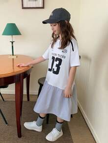 Dazy Kids 少女夏季休闲条纹拼接连衣裙 - 白色 - 查看 3