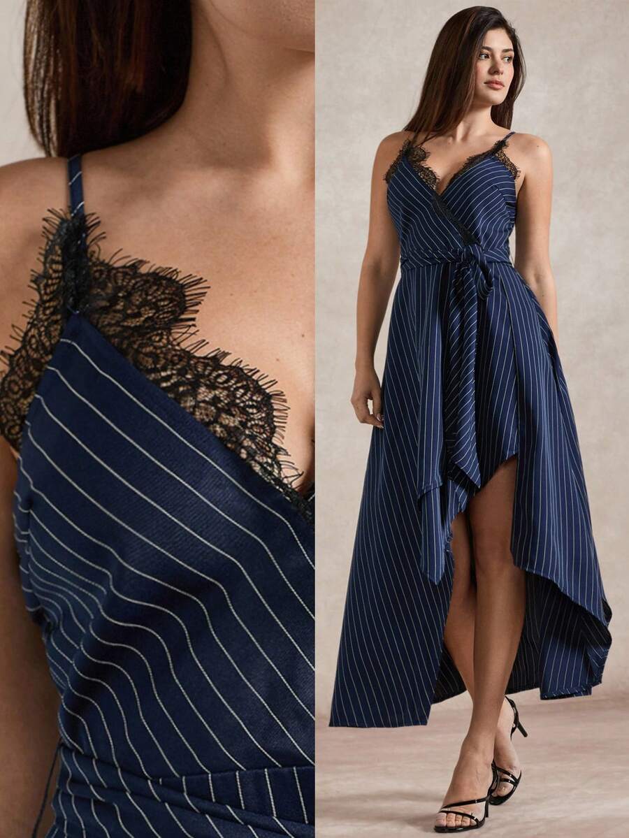 Briarwyn 女士夏季休闲度假条纹印花撞色蕾丝边系带不对称下摆长吊带连衣裙 - 藍色 - 查看 1