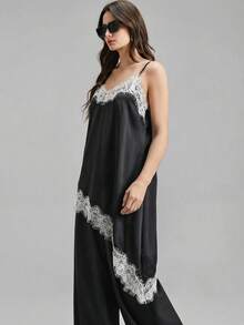 Ontre 女士缎面绉纱面料舒适柔软吊带长款上衣，修身剪裁，蕾丝饰边点缀，不对称下摆设计，现代都市休闲商务通勤风格，优雅夏季衬衫 - 黑色 - 查看 6