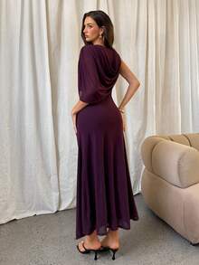 Aloruh 女士优雅单肩不对称腰身网纱紫色长裙 - 酒紅色 - 查看 3