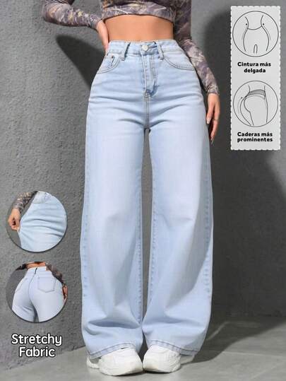 Jeans Rectos de Alta Elasticidad de Cintura Media de Color Azul Claro para Mujer, Pantalones que Levantan las Nalgas