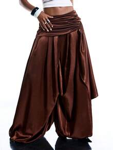 LYSMO 女士纯色褶裥腰部宽松哈伦裤 - 咖啡棕 - 查看 5
