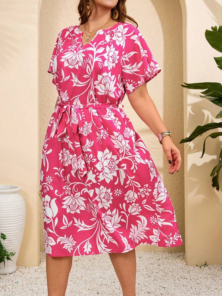 Plus Size Floral Print V Neck Casual Summer Dress For Women With Tie Waist Midi Length Summer Outfit For Plus Size Women Festival Outfits For Plus Size Women Beach Outfits For Plus Size Women Vacation Outfits Plus Size  Women Country Concert Outfit
