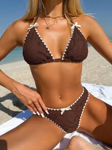 Swim Vcay Women's Cute Brown Crochet Bikini Set,Summer Beach Holiday Knitted Halter Triangle Bathing Suit,2 Piece Scallop Trim Textured Swimwear With Bows - Multicolor - View 4