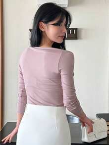 DAZY 女士优雅紫色不对称肩部修身T恤 - 紫色 - 查看 8