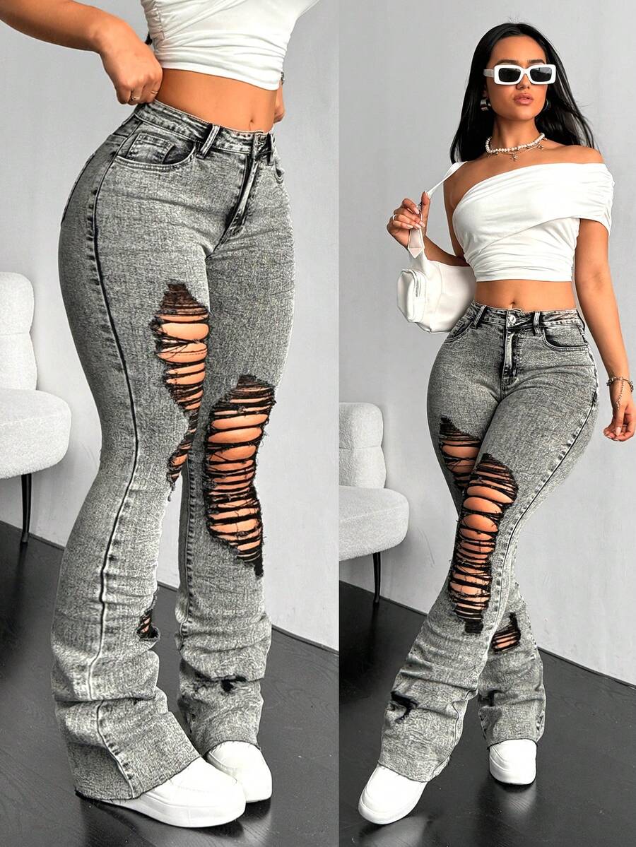 SHEIN Tall Quần jeans nữ có túi, cài nút, kiểu dáng rách, thoải mái, đa năng, thích hợp mặc hàng ngày. - Xám - Xem 1