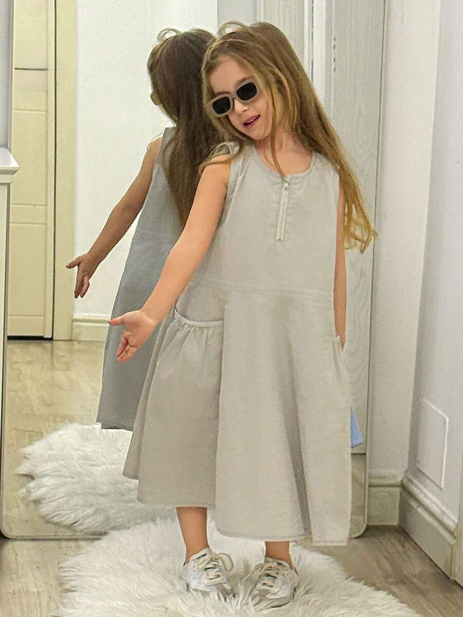 DAZY Mädchen (Kleine Größe) koreanischer Stil einfarbiger Jumpsuit Kleid, Frühling/Sommer - Grau - Übersicht 1