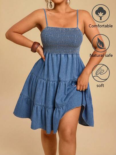 Travachic Vestido vaquero de talla grande para mujer con volantes en el bajo y tirantes de espagueti