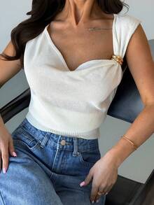 Firerie Casual Solid Color Asymmetric Collar Knit Vest, Summer - Beige - View 9