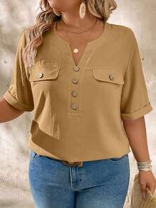 EMERY ROSE Áo sơ mi tay ngắn cổ bẻ dáng rộng, trang trí cúc gỗ, cỡ lớn. - Cà phê nâu - Xem 3