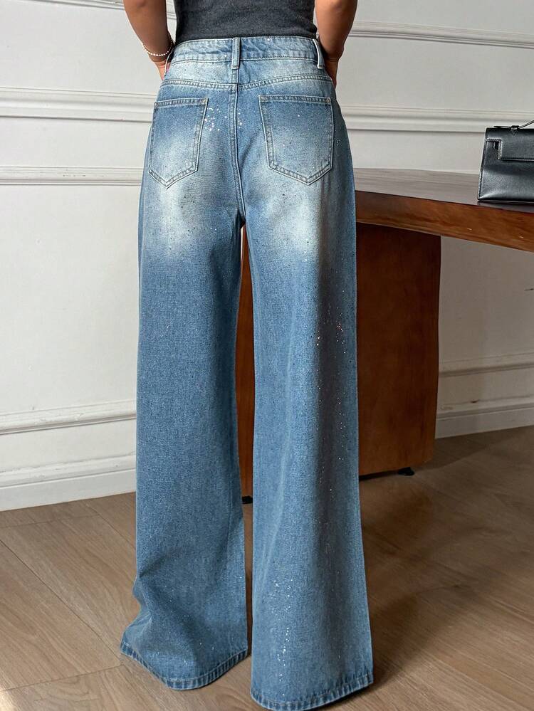 Western Cowgirl Distressed Loose Wide Leg Jeans, Shiny Silver Casual Street Style For Women, Spring/Summer