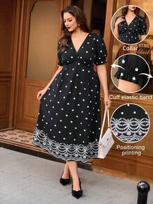 SHEIN Clasi 大码女式休闲优雅X型V领短袖印花连衣裙，适合通勤和休闲穿着，春夏款 - 黑色 - 查看 1