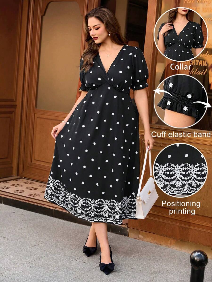 SHEIN Clasi 大码女式休闲优雅X型V领短袖印花连衣裙，适合通勤和休闲穿着，春夏款 - 黑色 - 查看 1