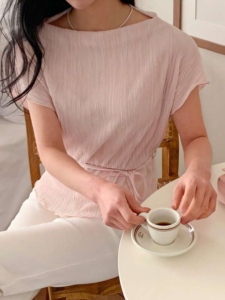 Women's Casual Solid Color Cinched Waist Shirt, Summer