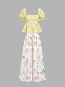 SHEIN MOD 黄色纱线染色提花短袖娃娃衫 – 可爱、约会、派对、女士春夏装、春假、度假、野餐、节日、生日等场合的理想选择。这款上衣采用宽松领口和泡泡袖设计，风格百搭，适合各种场合。黄色夏季上衣，黄色娃娃衫，适合夏季穿着，田园风。 - 黃色 - 查看 8