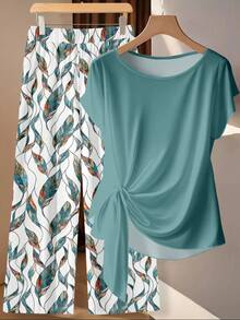 EMERY ROSE 大码女式纯色轻薄蝙蝠袖侧打结纯色蓝绿色上衣搭配花枝叶图案长裤两件套，新娘母亲礼服，优雅女士派对活动服装 - 彩色 - 查看 2