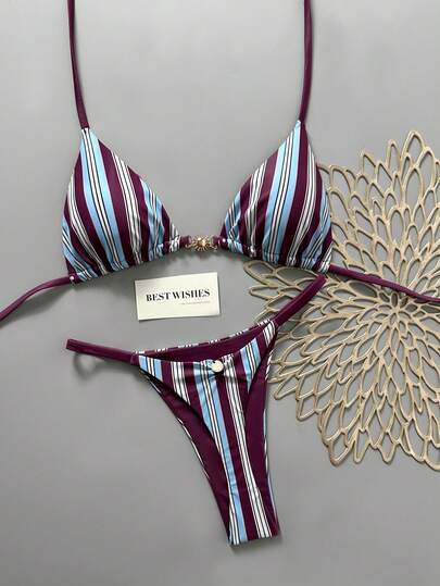 Swim Mod Women's Spring/Summer New Striped Print Double Fabric Backless Triangle Bikini Set, Ruched Thong Swimsuit, Beach Outfit Womans Bikini Sets Bikinis For Women Sets Buy Swimwear Swimsuit Accessories 2580198 Bikini