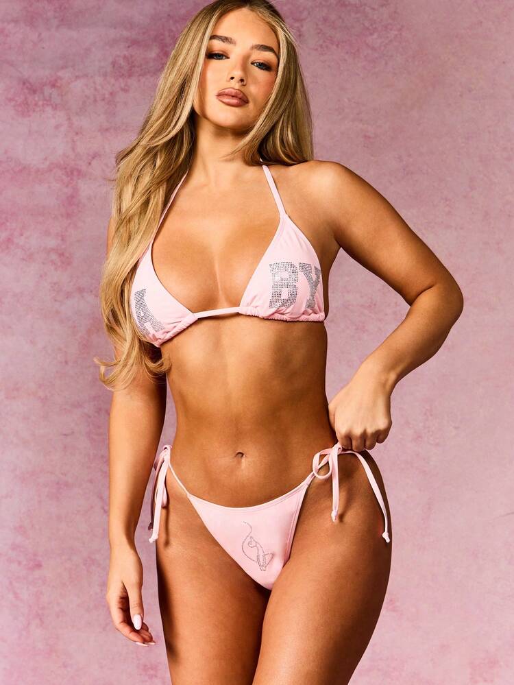 BABYPHAT Women's Diamante Logo Triangle Bikini Set With Rhinestone Text Halter Top And Side Tie Bottoms Summer Beach Swimwear