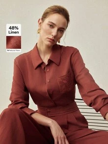 MOTF PREMIUM 亚麻蕾丝口袋长袖衬衫外套，复古风格，春夏款 - 紅木色 - 查看 6