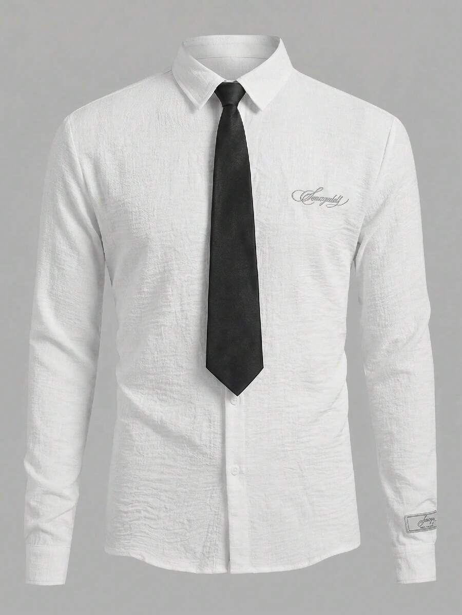 SWAVVY 男士时尚字母刺绣长袖衬衫配领带 - 白色 - 查看 1