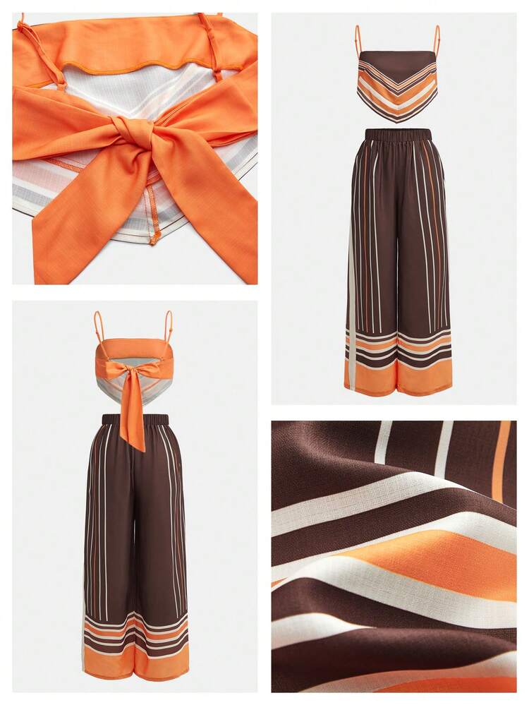 SHEIN Maija Outfit Deas For Boho Sets Women's Striped Halter Backless Crop Top And Wide Leg Casual Vacation Pants Two Pieces Set For Women Spring/Summer Relaxing On The Beach Going Out Vacation Outfits Healing Commuting Style Comfy Women's Two Pieces Sets Festival Outfits For Women Pants Sets Two Pieces Cropped Top And Skirt Set Summer Striped Set Women's Summer Outfits Brown And Orange Stripes