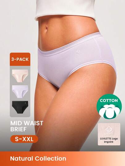 LUVLETTE 3-Pack Cotton Logo Mid-Waist Briefs Women Underwear Panties Set