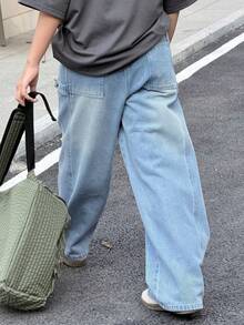 DAZY 少女款带口袋阔腿宽松休闲百搭牛仔裤 - 藍色 - 查看 2