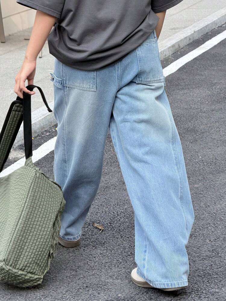 Tween Girls' Pocketed Wide Leg Loose Casual Versatile Jeans