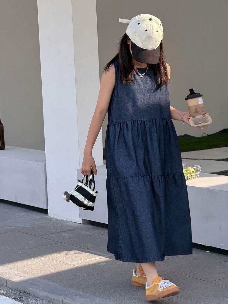 Tween Girls' Round Neck Sleeveless Denim Jumper Dress