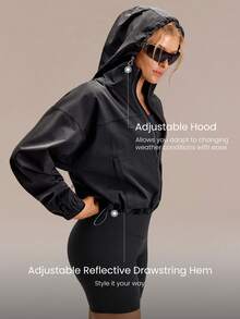 GLOWMODE Steady Strides Waist-Length Sunproof Water-Resistant Drawstring Side Pockets Relaxed Fit Zip-Up Packable Hoodie Travel Running Jogging Outdoor Workout Gym Daily Active Wear - Black - View 3