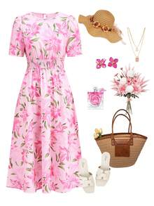 Ellevyn 女士浪漫印花腰带中长款度假连衣裙 - 淺粉色 - 查看 1