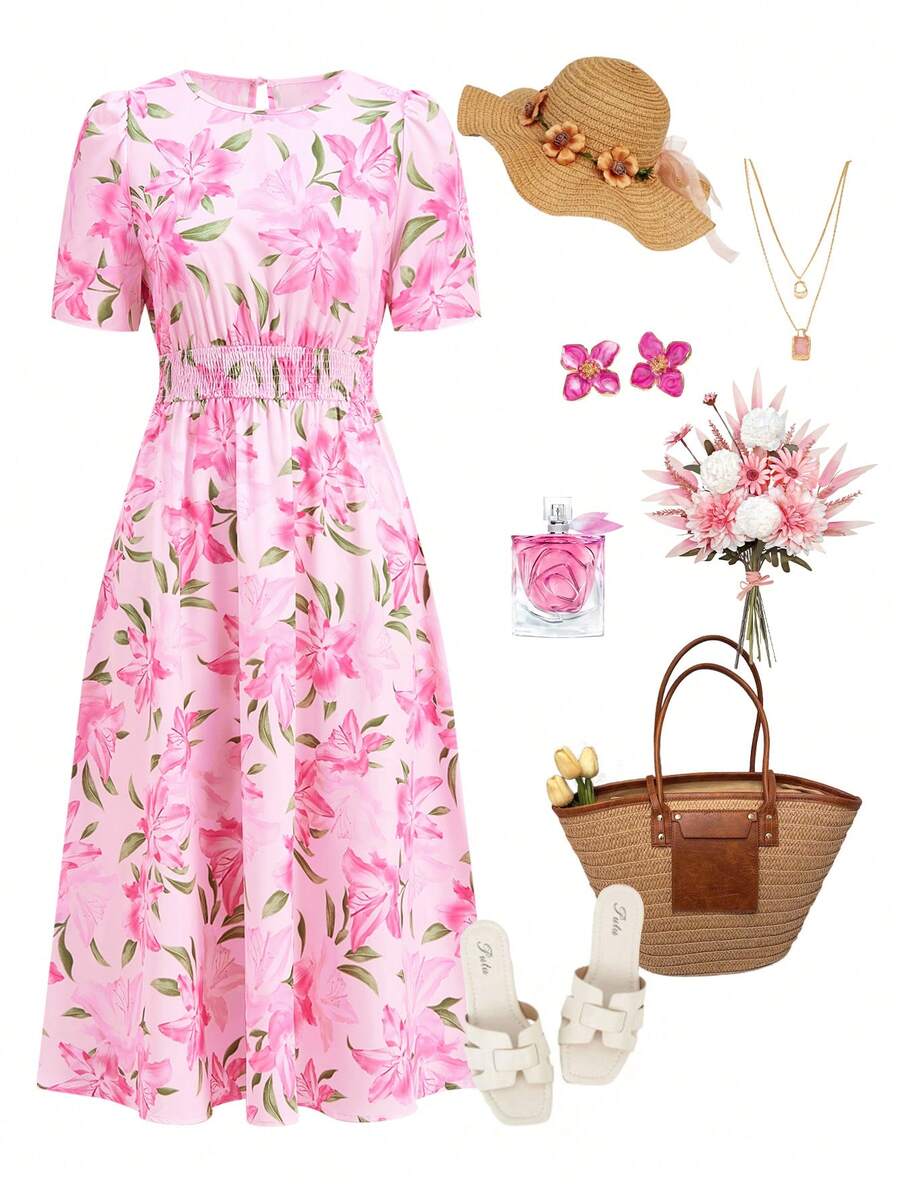 Ellevyn 女士浪漫印花腰带中长款度假连衣裙 - 淺粉色 - 查看 1