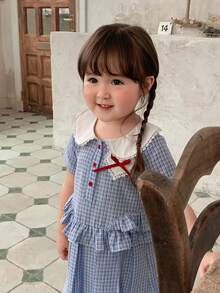 Dazy Kids Vestido sin mangas con cuello para niñas pequeñas con decoración de corazón & lazo, estilo coreano fresco, vestidos de verano para mujeres y niñas pequeñas - Celeste - Ver 3