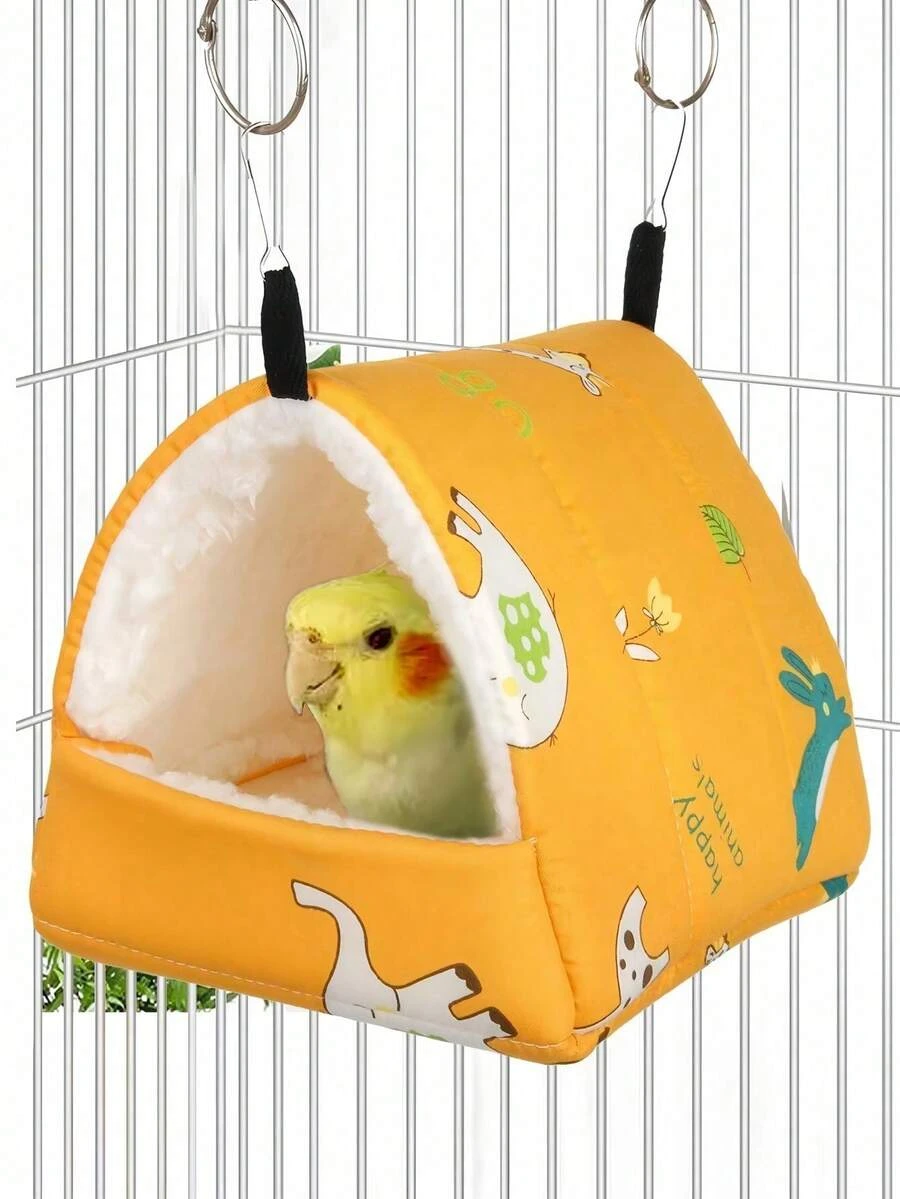 Sarang tidur segitiga berbahan fleece hangat dengan motif kartun, cocok untuk burung beo, hamster, tupai, dan hewan peliharaan lainnya. Tempat tidur hewan peliharaan untuk musim gugur dan musim dingin. - Kuning - View 1