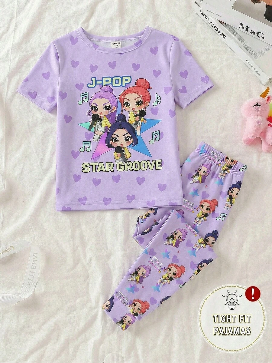 两件套女童卡通印花睡衣，紫色和紫红色爱心图案针织弹力柔软短袖上衣和裤子，可爱甜美睡衣套装 - 紫色 - 查看 1