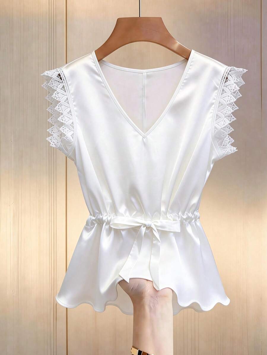 Lyxana Women's Elegant Casual V-Neck Patchwork Lace Drawstring Waist Blouse - White - View 1