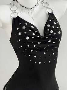 Elamini Top sin mangas casual de mujer con hebilla de rhinestone en el cuello halter, top negro con tachuelas, top gótico con rhinestones, top de estilo rock para mujer en verano - Negro - View 5