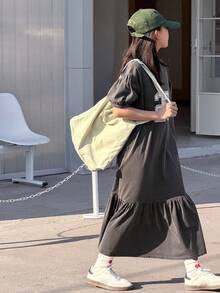 DAZY 少女数字印花圆领短泡泡袖荷叶边下摆连衣裙 - 灰色 - 查看 7