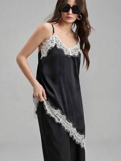 Ontre 2026ss Women's Satin-Faced Crepe Fabric Comfortable Soft Spaghetti Strap Long Top, Fitted Silhouette, Lace Trim Accent, Asymmetric Hemline Design, Modern Urban Casual Business Commuter Style, Elegant Summer Blouse Beach Clothing, All Season  Ins Celebrity Same Style Vacation Style, Exotic Atmosphere, Country Concert, Western Style Clothing, High-Grade Fabric, Comfortable And Breathable Bohemian Style Vacation Wear Black And White