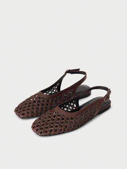 Nöista Brown Woven Slingback Sandals Featuring An Intricate Mesh Upper And Adjustable Strap For A Breathable, Vintage-Inspired Look Ideal For Eid Celebrations, Spring Outings, And Summer Guest Style.