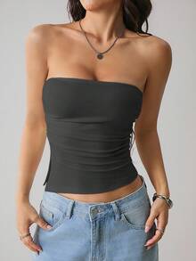 SHEIN PETITE Women's Solid Color Ruched Side Slit Hem Bandeau Top,Summer Top - Grey - View 4