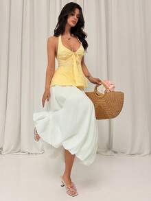 Firerie 女士休闲度假波点纹理面料吊带背心 黄色露背女士沙滩装 女士沙滩上衣 2026夏季 女士夏季度假、毕业季、婚礼季、返校季、复活节派对和午餐 可爱休闲夏季吊带背心 - 甜美、浪漫、乡村风格针织纹理，荷叶边细节，松紧腰，宽松下摆，前短后长设计，黄色细肩带上衣 派对 A 编号女士露领露背 - 黃色 - 查看 6