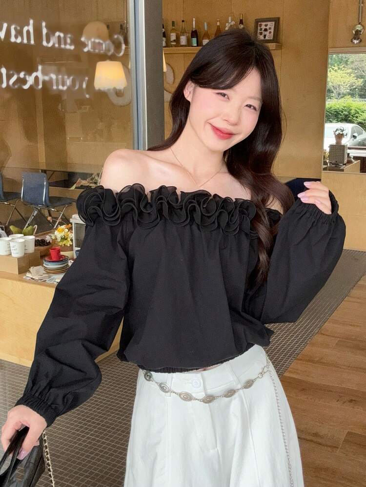 Women's Solid Color Loose Ruffled Off-Shoulder Long Sleeve Casual Vacation Blouse, Spring/Summer