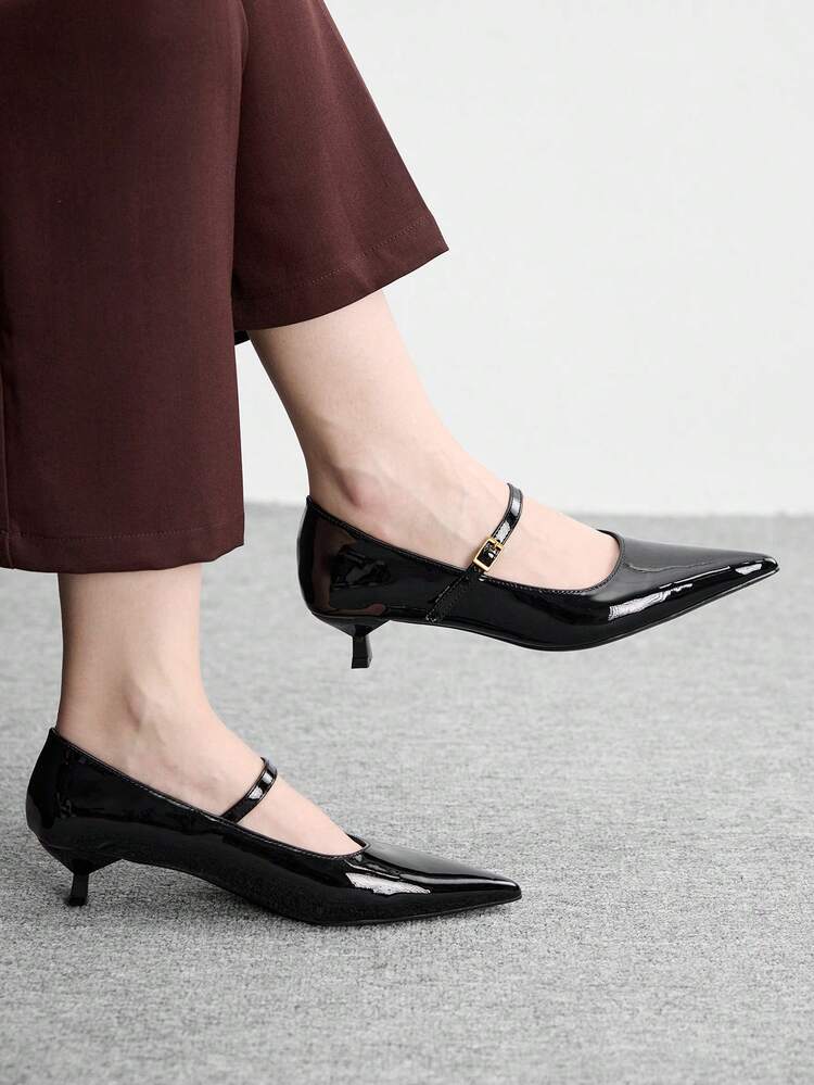 CUCCOO BIZCHIC Women's Black Patent Leather Pointed Toe Metal Buckle Commuting Versatile Fashion High Heels Spring Shoes