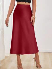 SHEIN PETITE Jupe en satin élégante et polyvalente pour femmes, jupe rouge, jupe élégante, jupe mi-longue Y2K, jupe mi-longue, vêtements de travail pour femmes de bureau, longue jupe élégante pour femmes, jupes élégantes pour femmes - Rouge - Voir 4