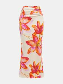 SHEIN Tween Girls Knit Floral Print Asymmetric-Shoulder Top And Maxi Skirt 2 Pieces Set, Casual Vacation Beach Holiday Outfit - Yellow - View 9