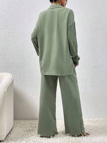 EMERY ROSE Autumn New Textured Fabric Casual Drop Shoulder Hem Slit Shirt And Wide Leg Pocket Pants 2 Pieces Set For Women - Green - View 7