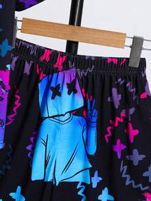 SHEIN 2pcs Tween Boy Black Casual Summer Streetwear City Break Outfit Set, Vision Fluorescent Cartoon Round Neck Short Sleeve T-Shirt And Shorts Set - Multicolor - View 6