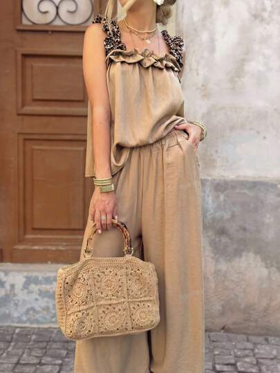 Brillora Women's Spring Summer Beach Holiday Elegant Formal Flower Casual Suit, Women's Holiday Dressing, Women's Elegant Suit,Women's Casual Elegant Romantic Leopard Print Patchwork Sleeveless Top And Pants Set, Spring/Summer,Women's Printed Two-Piece Set,Lady Brown Two-Piece Set,Lady's Black Two-Piece Set